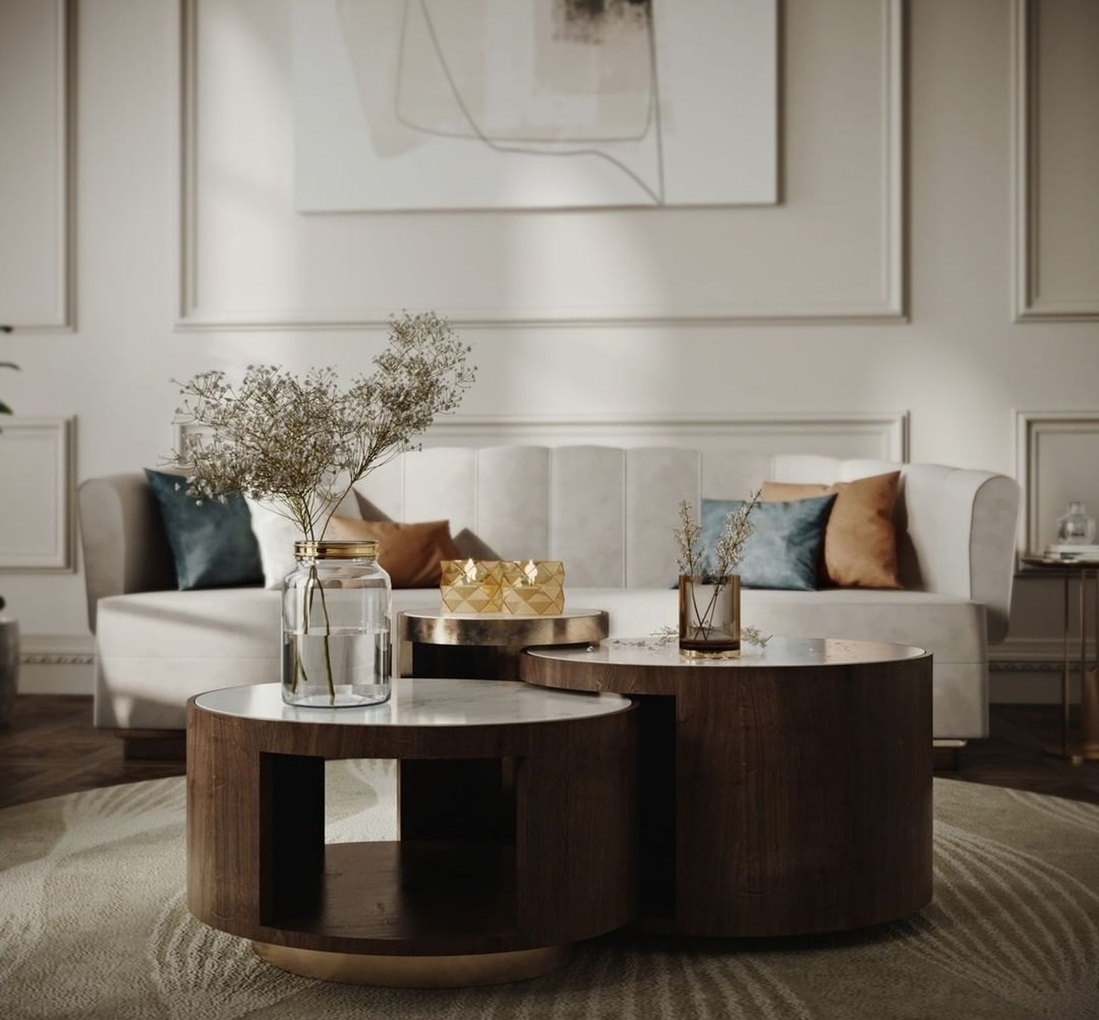 Salón blanco con madera oscura. Salón blanco con madera oscura.