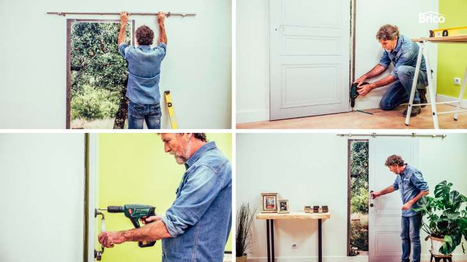 Colgar la puerta corredera en las guías y colocar un tirador Colgar la puerta corredera en las guías y colocar un tirador