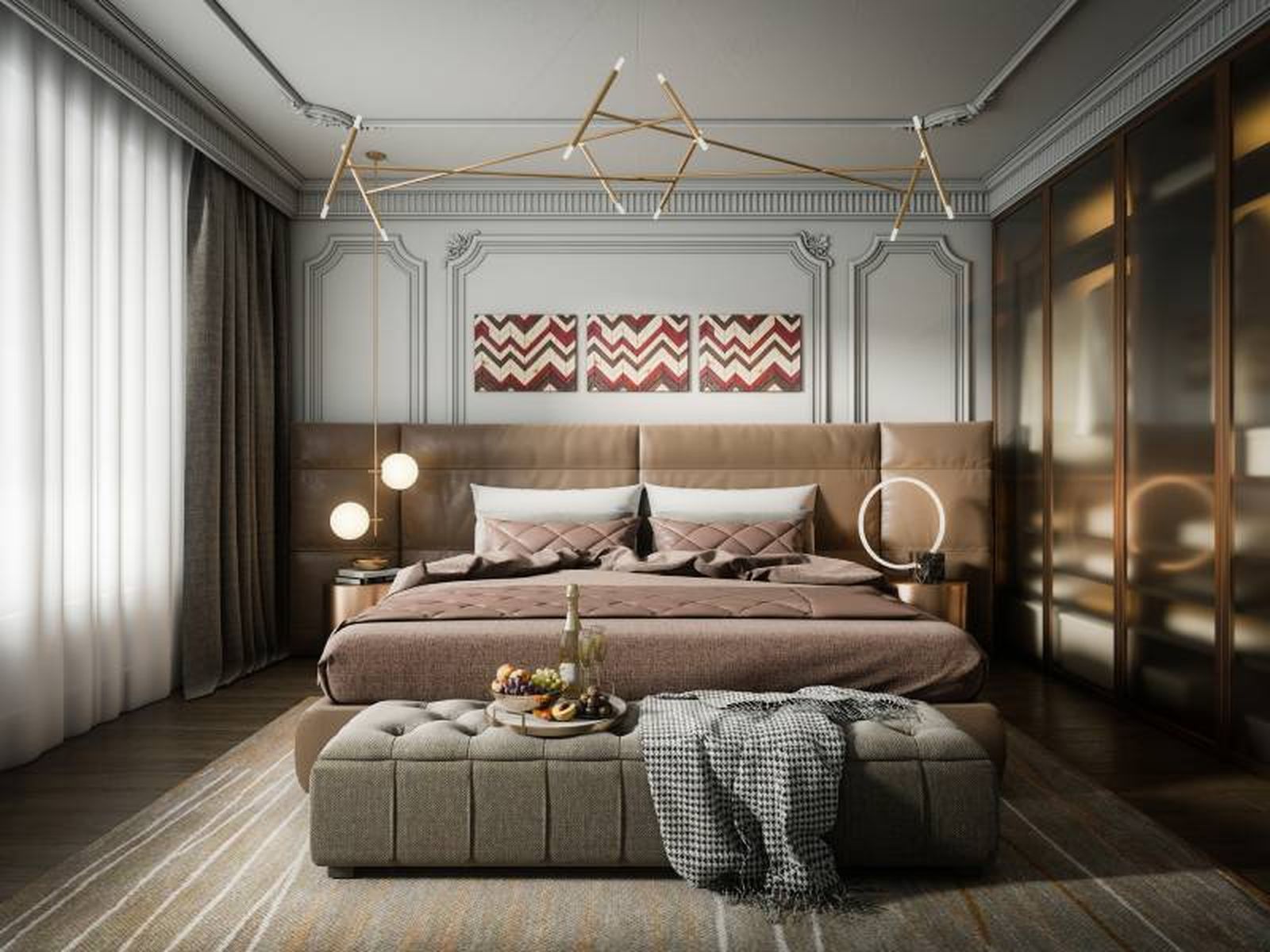 Dormitorio elegante con cabecero de cama marrón de cuero. Dormitorio elegante con cabecero de cama marrón de cuero.
