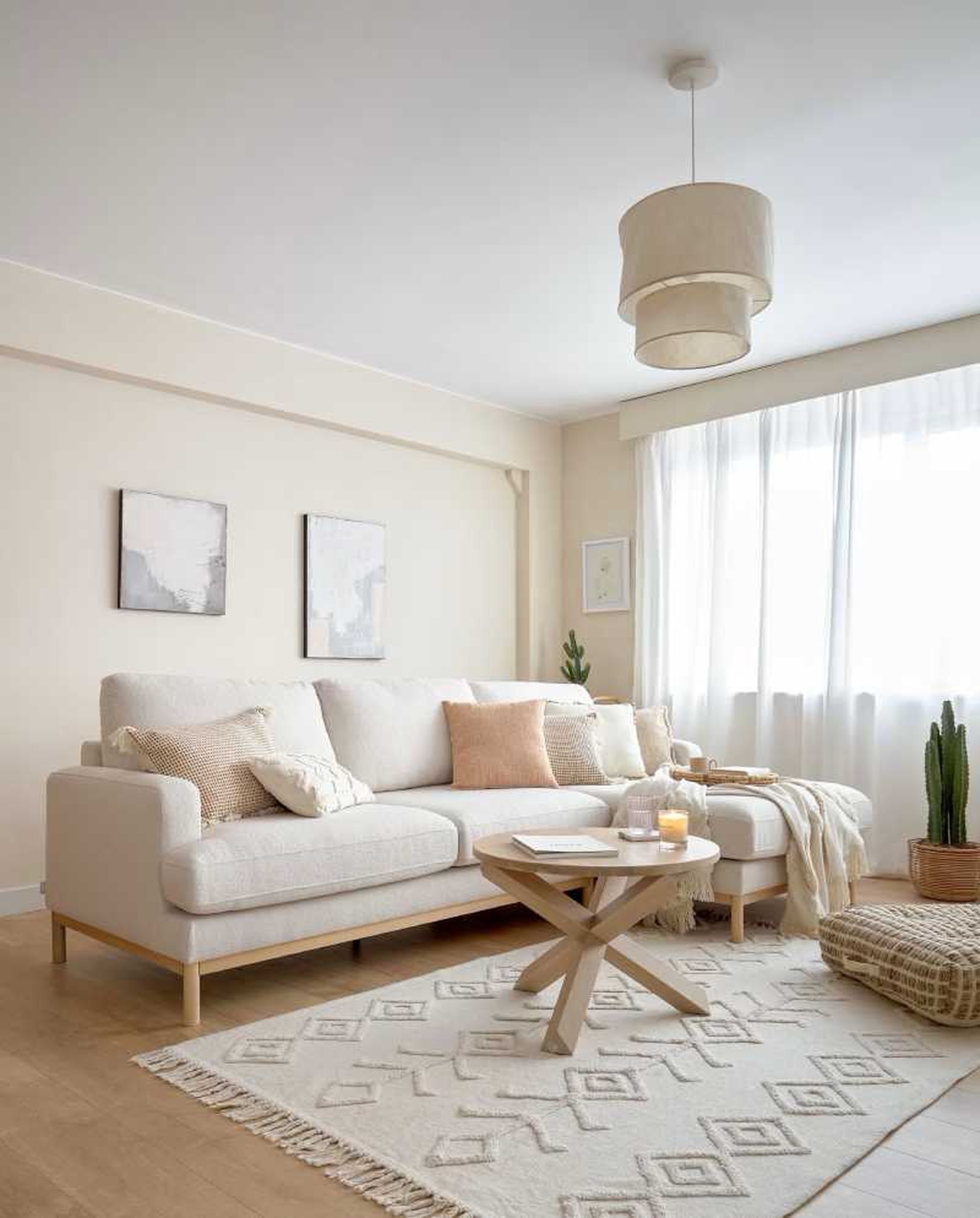 Salón moderno y atemporal con decoración en tonos claros. Salón moderno y atemporal con decoración en tonos claros.