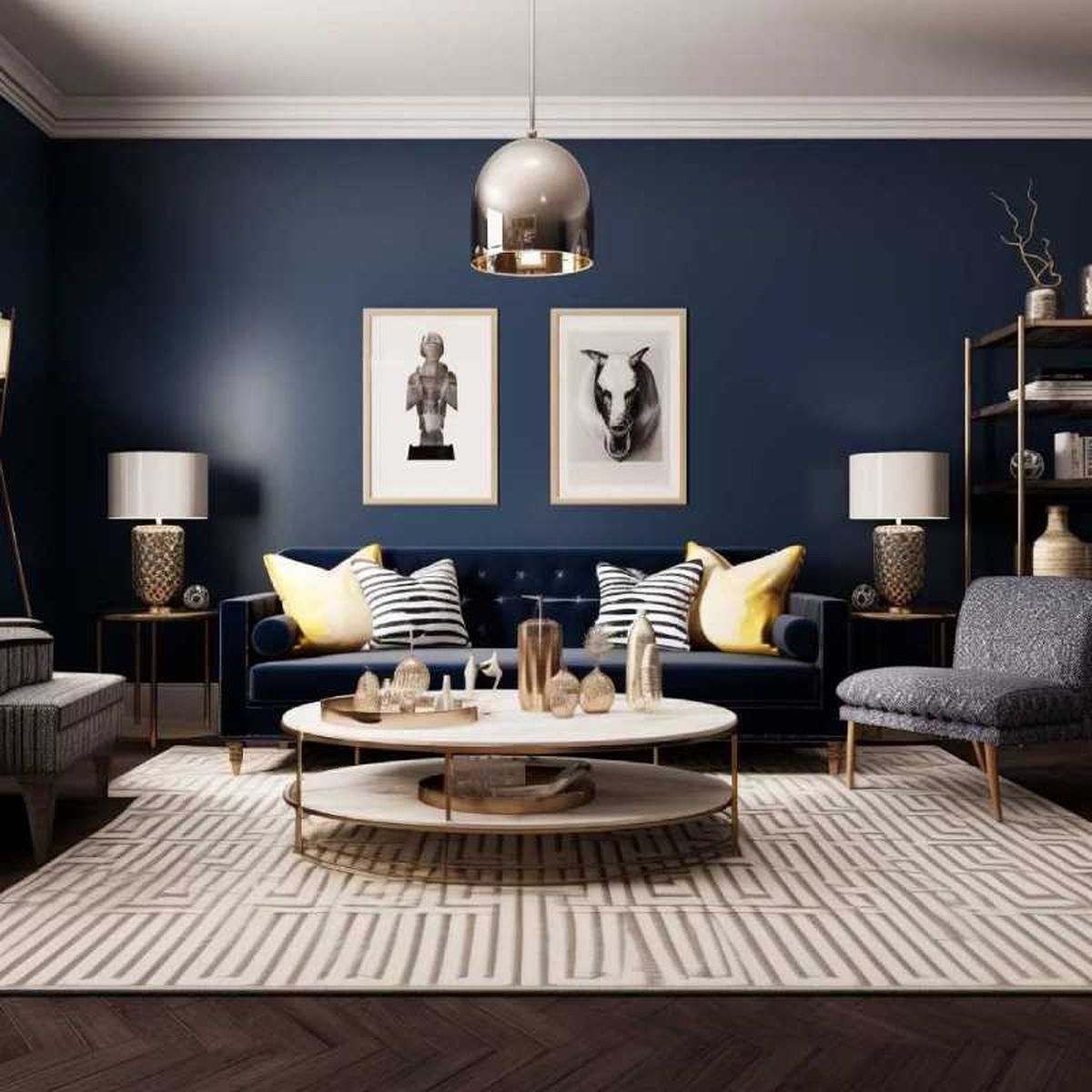 Salón decorado en azul marino.