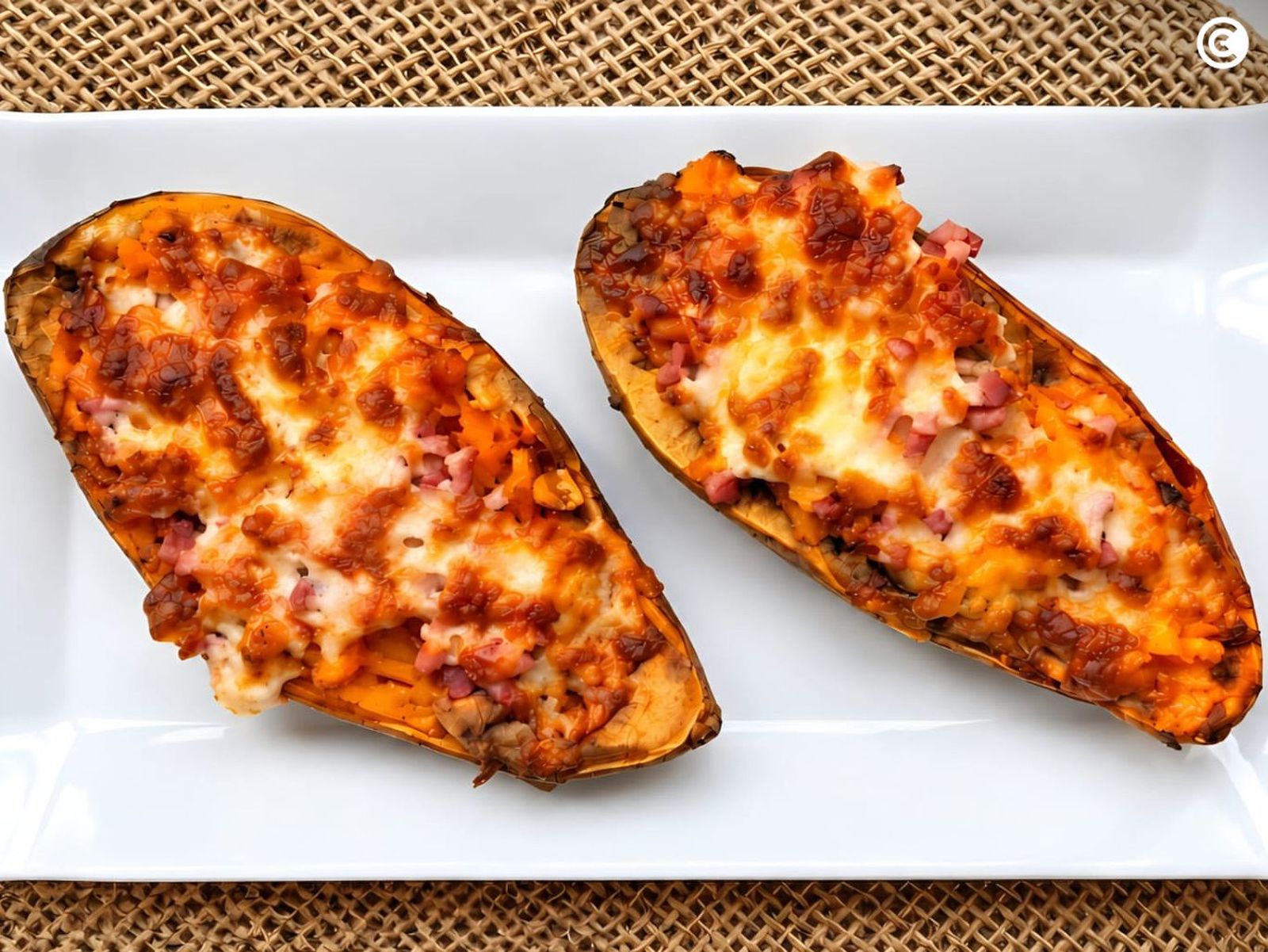 Boniato relleno de jamón y queso en freidora de aire