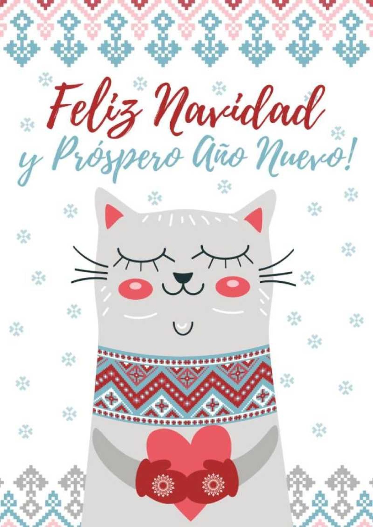 Felicitación de Navidad con la ilustración de un gatito.