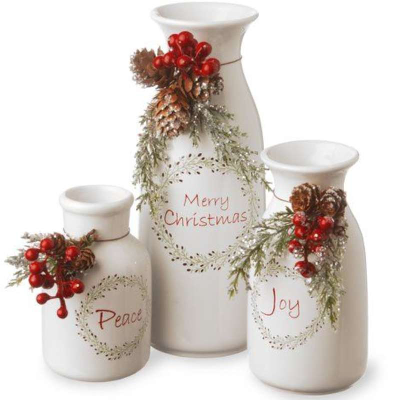 Jarrones de Navidad pintados de blanco, con mensaje navideño y decoración. Jarrones de Navidad pintados de blanco, con mensaje navideño y decoración.