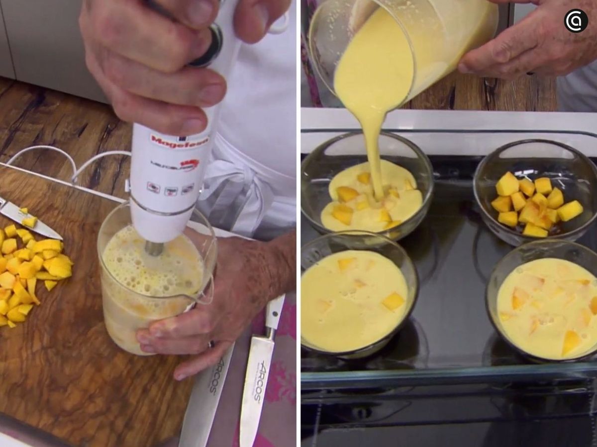 Prepara la mezcla del flan, viértela en los moldes y hornéala al baño maría