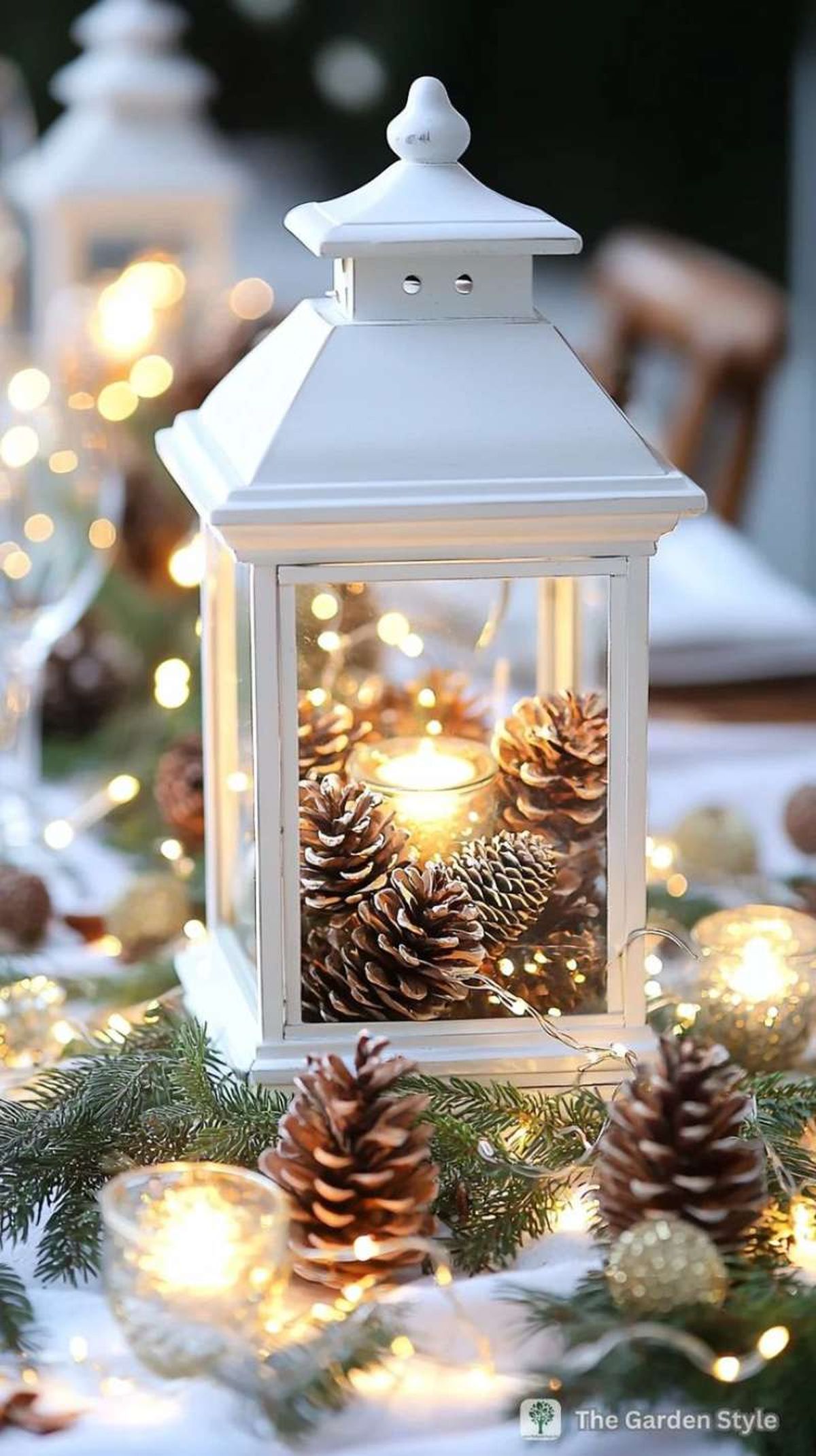 Farolillo navideño decorado con piñas