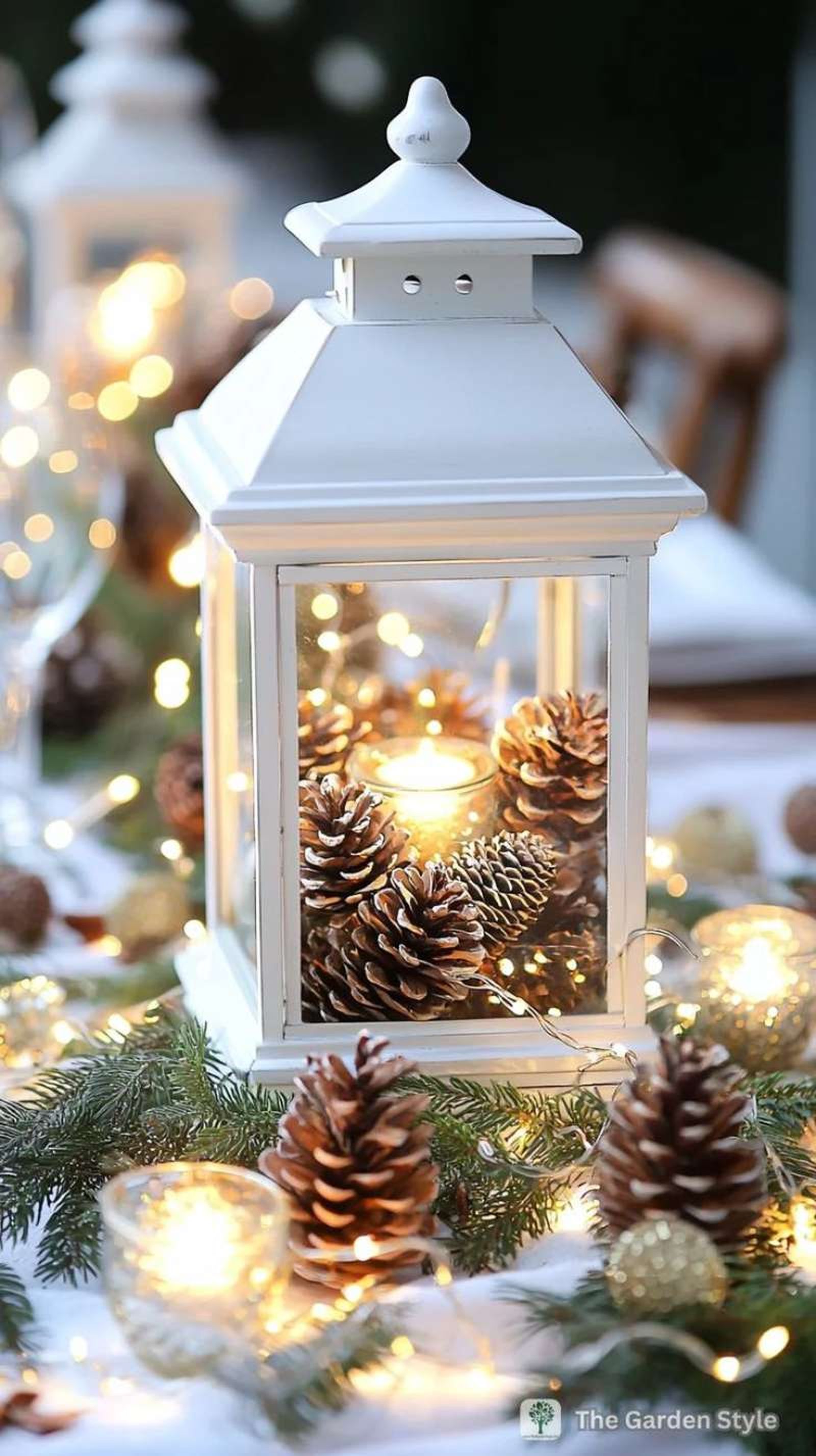 Farolillo navideño decorado con piñas. Farolillo navideño decorado con piñas.