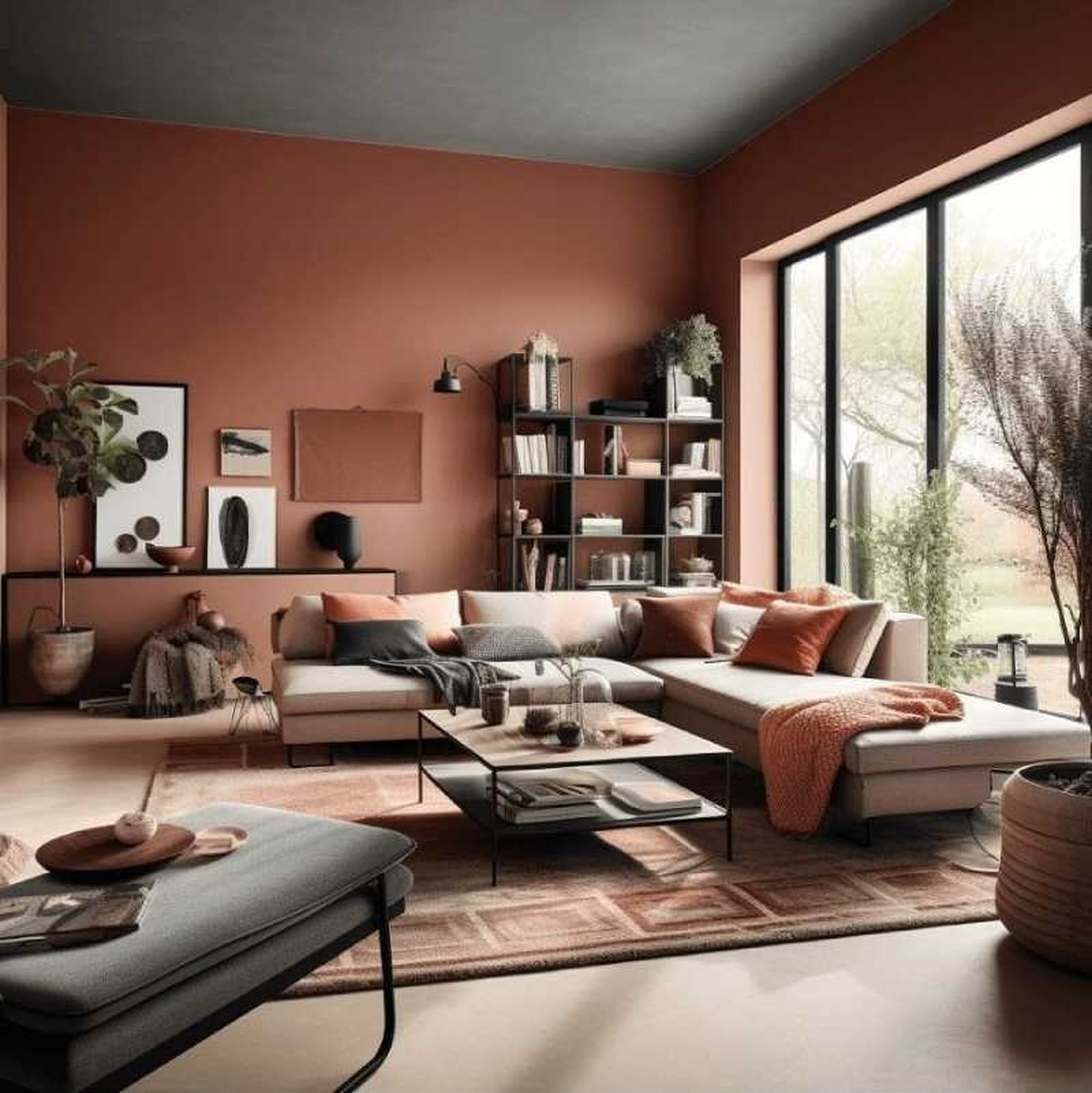 Salón decorado en color terracota.
