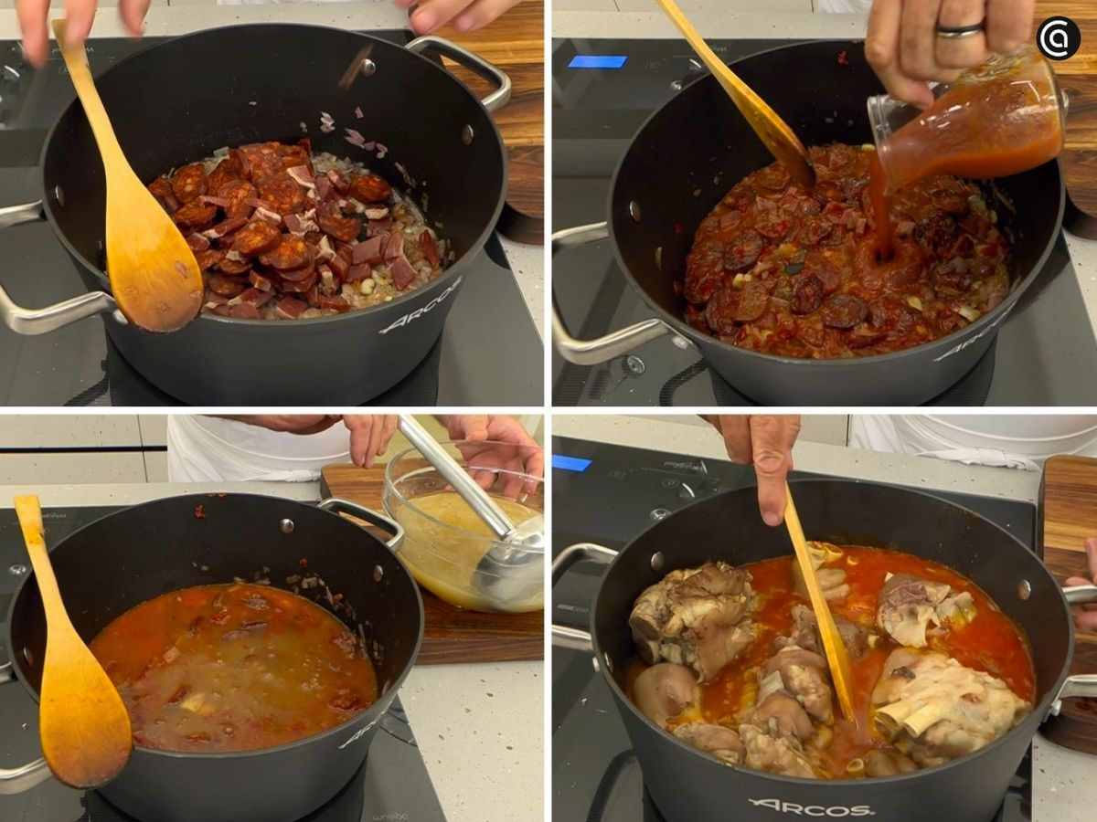 Cocina las manitas de cerdo con la salsa y el caldo de cocción