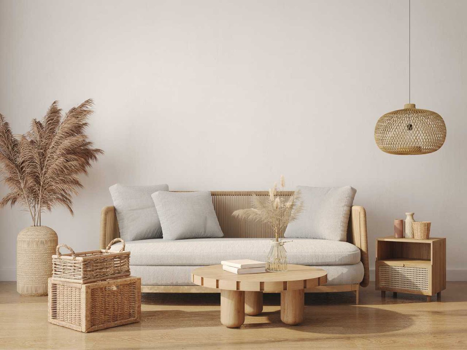 Salón con muebles de ratán.