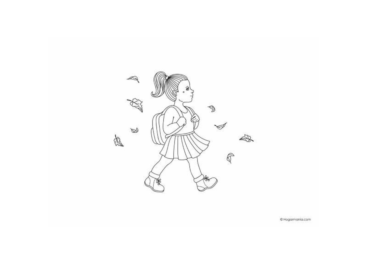 Dibujo otoñal para colorear de una niña paseando.