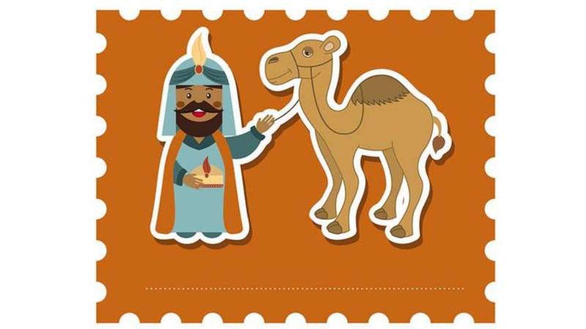 Etiqueta del Rey Baltasar con camello para personalizar los regalos de Reyes.