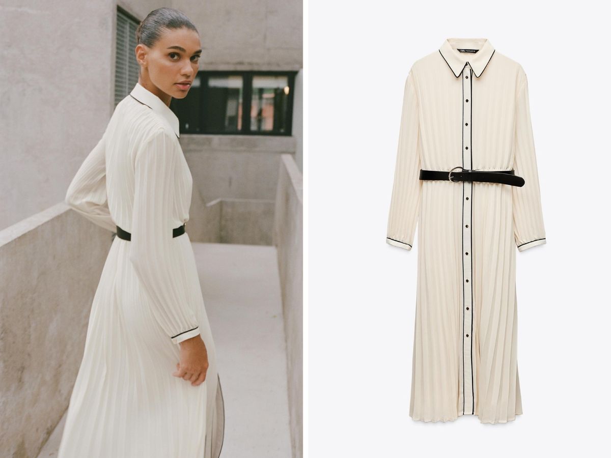 Vestido de manga larga plisado con cinturón / Fotos: Zara