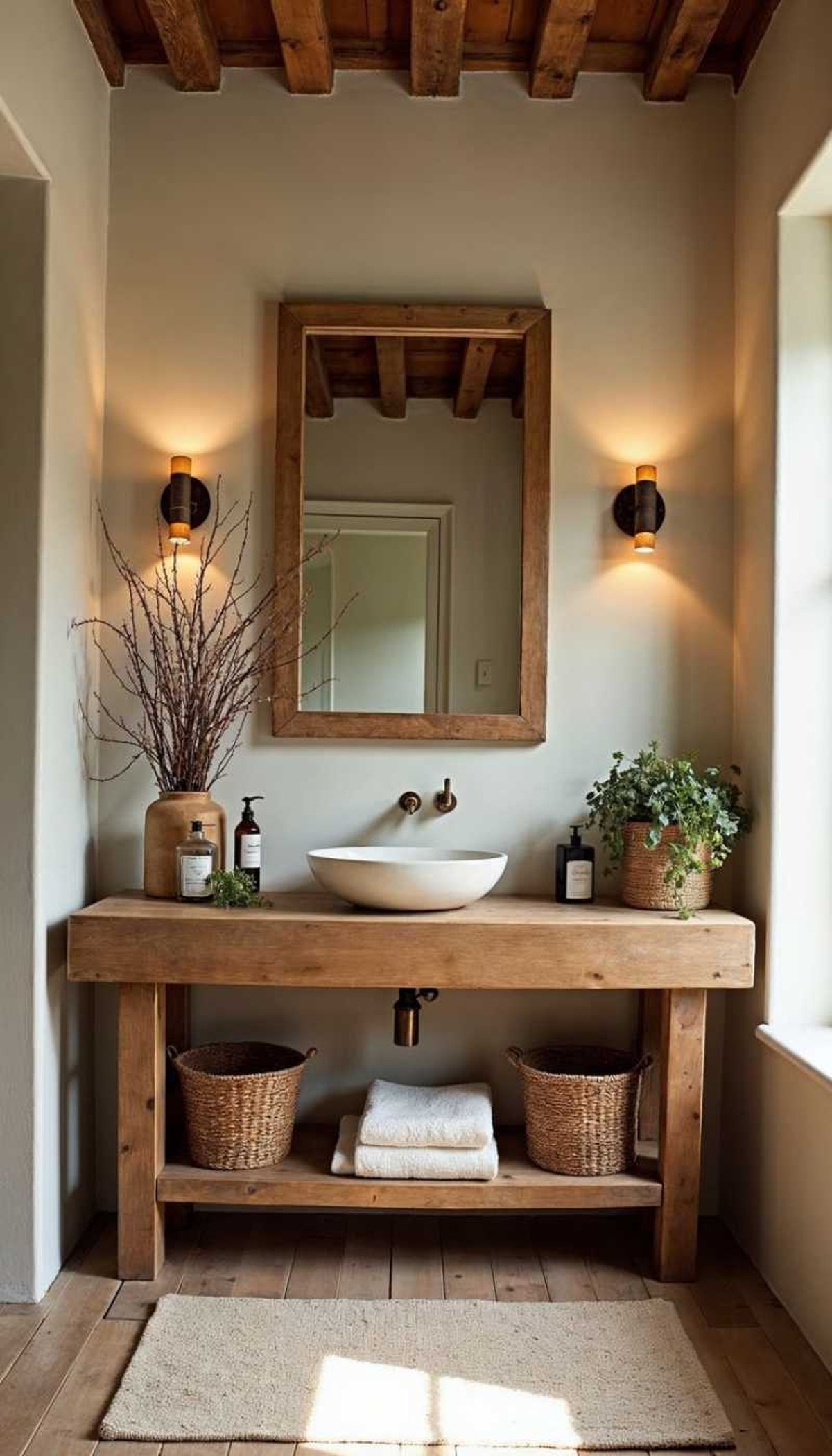 Baño con suelo de madera de estilo rústico.