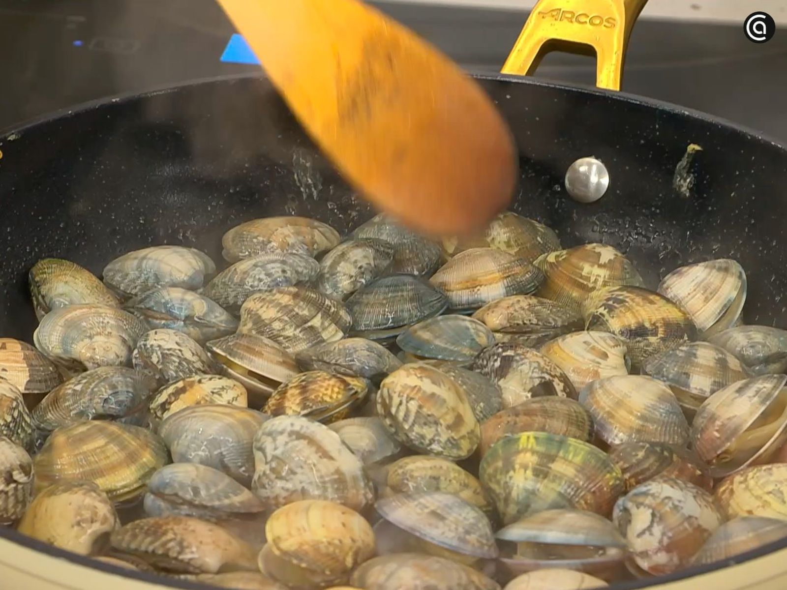 Pon las almejas al fuego con un chorrito de vino blanco y cocina hasta que se abran.