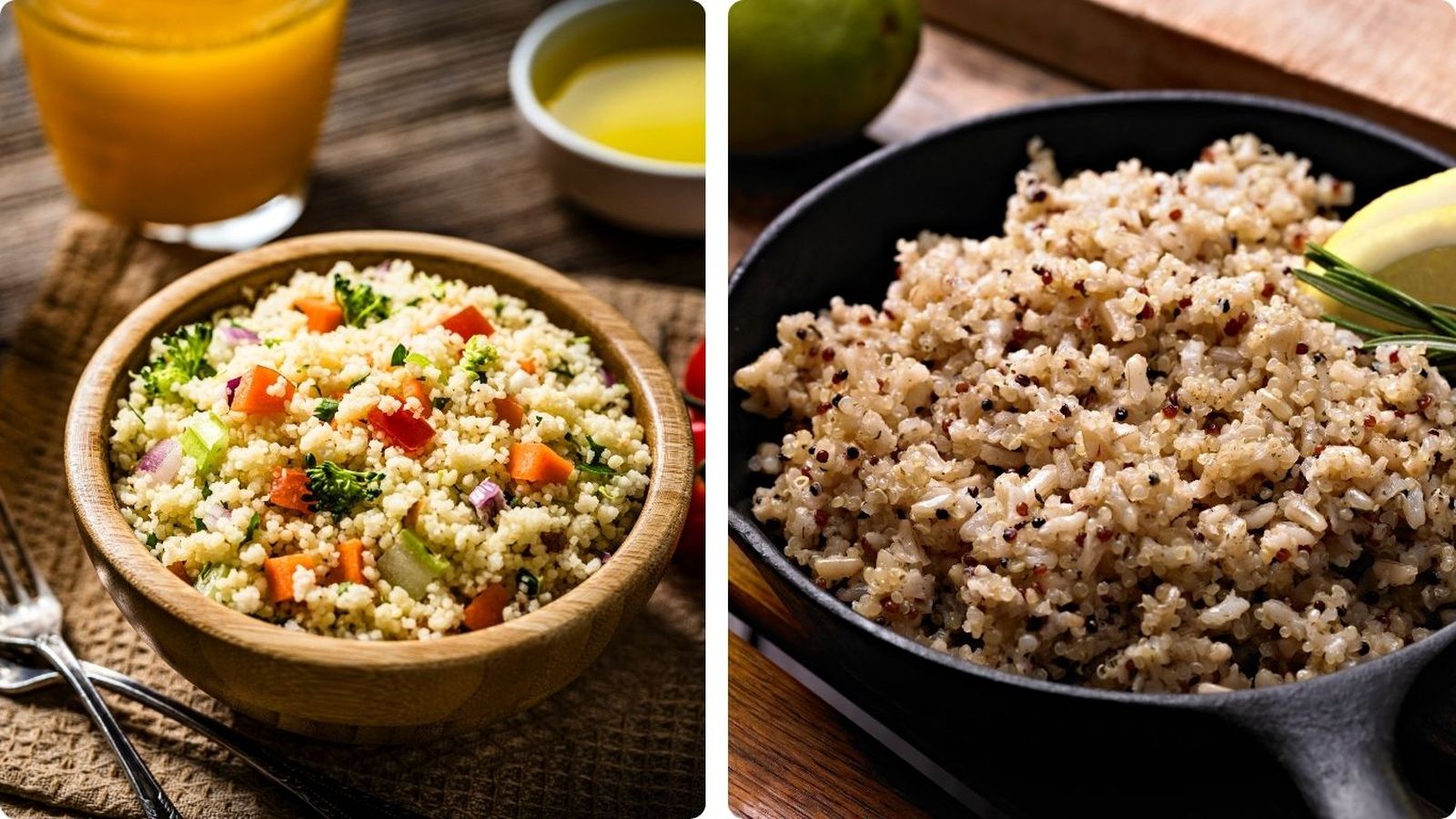 A la izquierda, un cuscús con verduras; a la derecha, quinoa cocida. Dos ingredientes que se parecen a simple vista, pero tienen orígenes y sabores muy distintos. A la izquierda, un cuscús con verduras; a la derecha, quinoa cocida. Dos ingredientes que se parecen a simple vista, pero tienen orígenes y sabores muy distintos.
