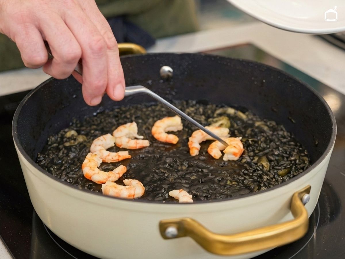 Pon las gambas selladas por encima del arroz negro
