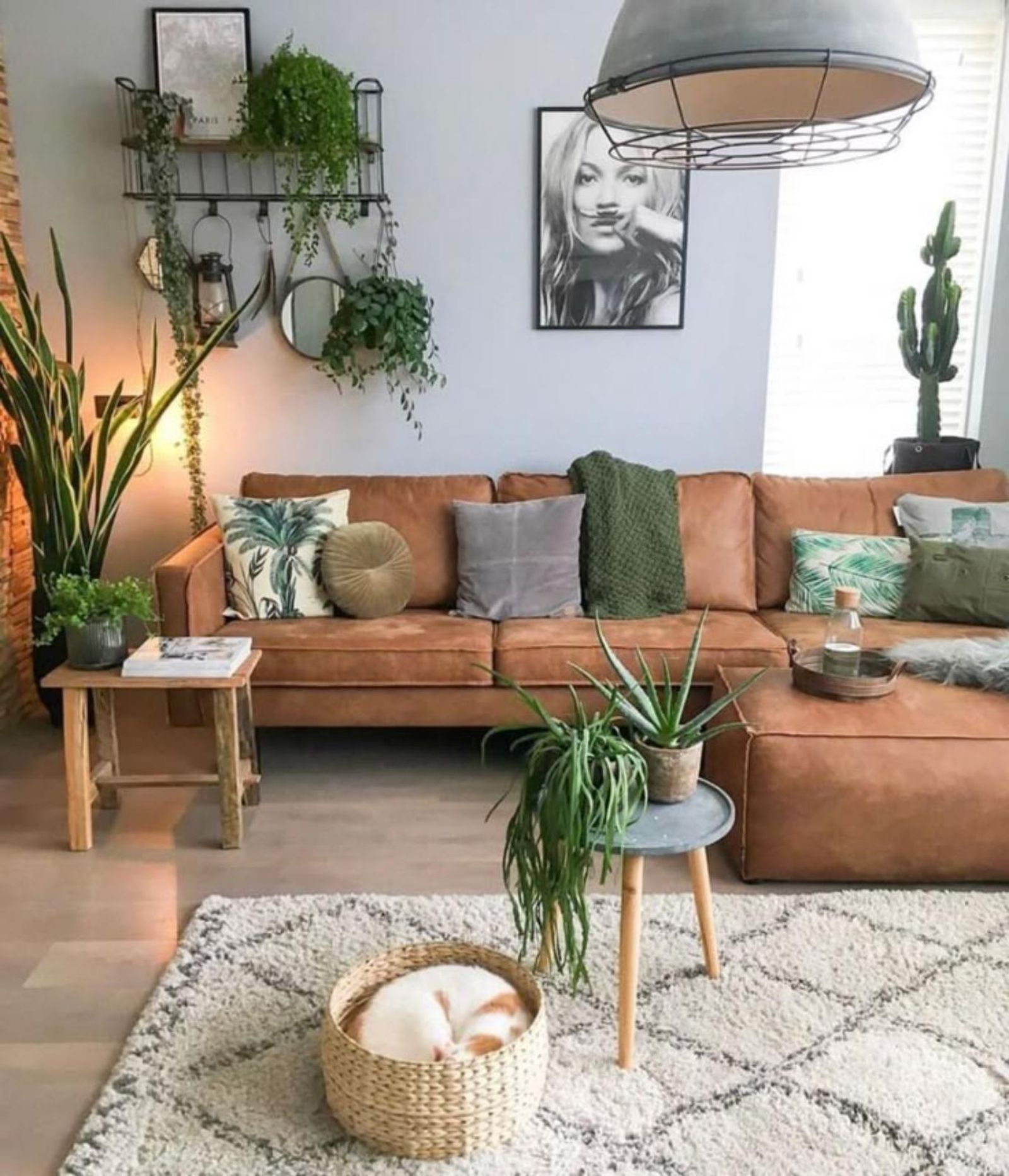 Salón moderno decorado en marrón con detalles en verde oliva.