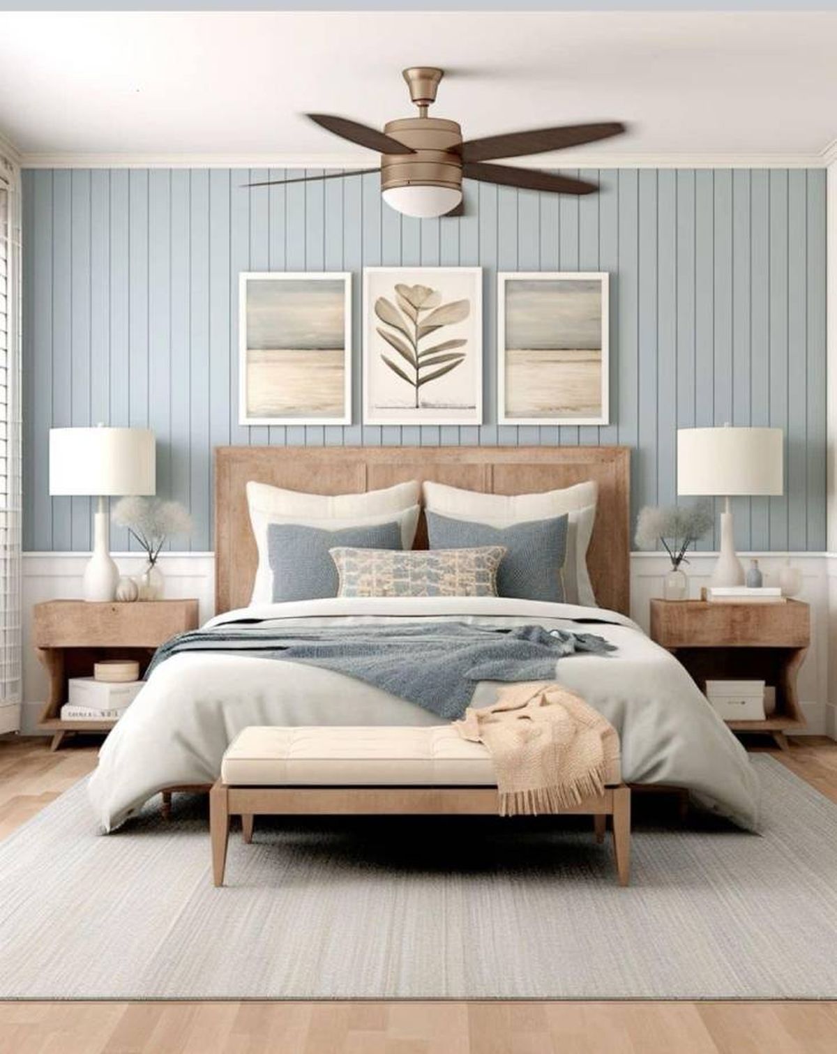 Dormitorio en color azul con tres cuadros florales en tonalidades beiges.