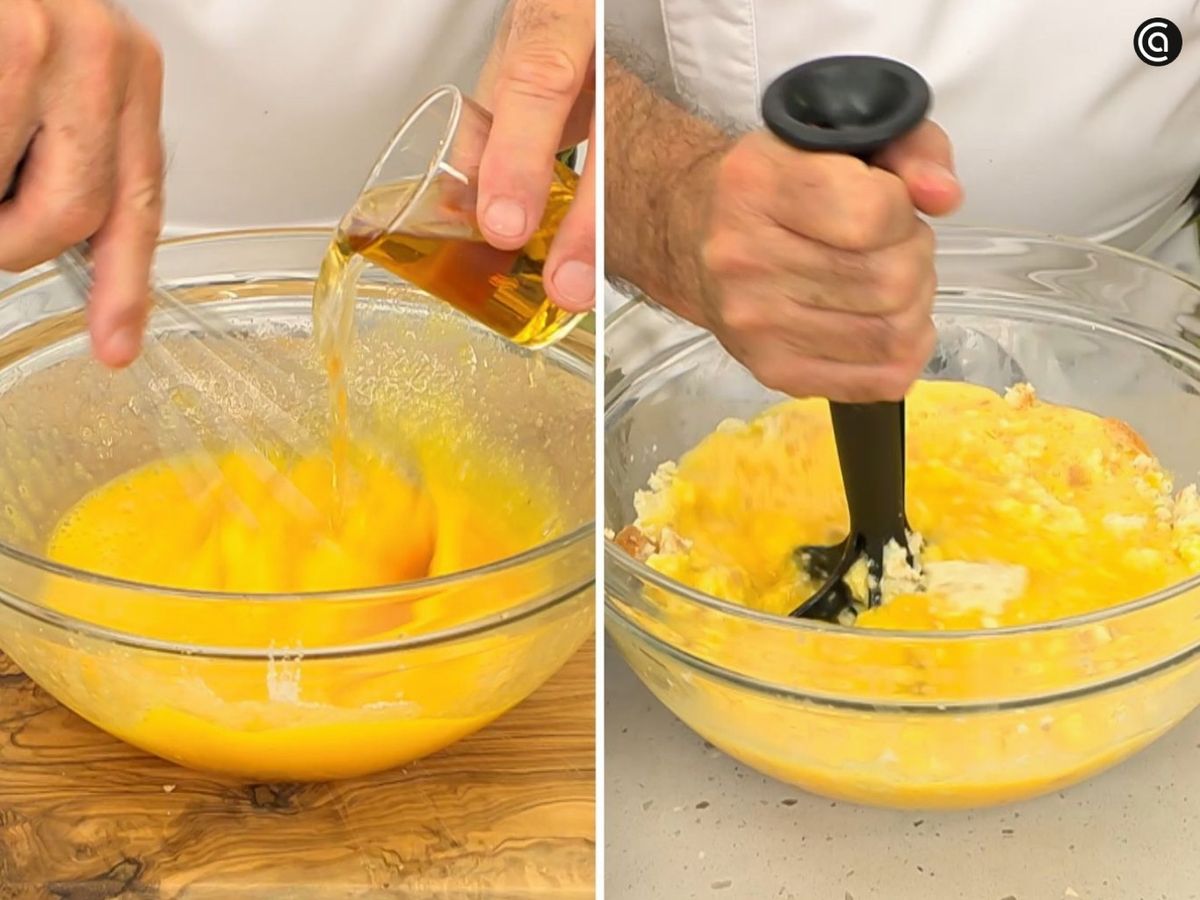 Mezcla los huevos con la mantequilla y el vino dulce; después, incorpóralos al pan
