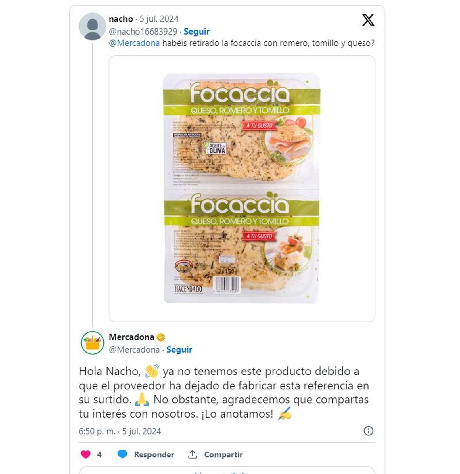 Mercadona confirma que su focaccia ya no está disponible