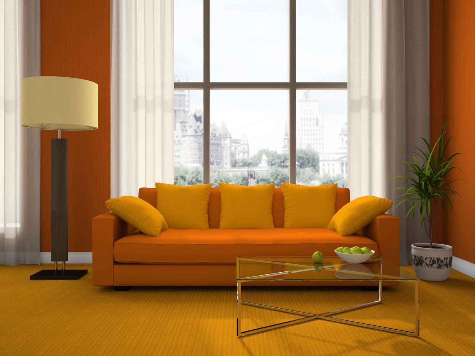 Combinar un sofá naranja en un salón