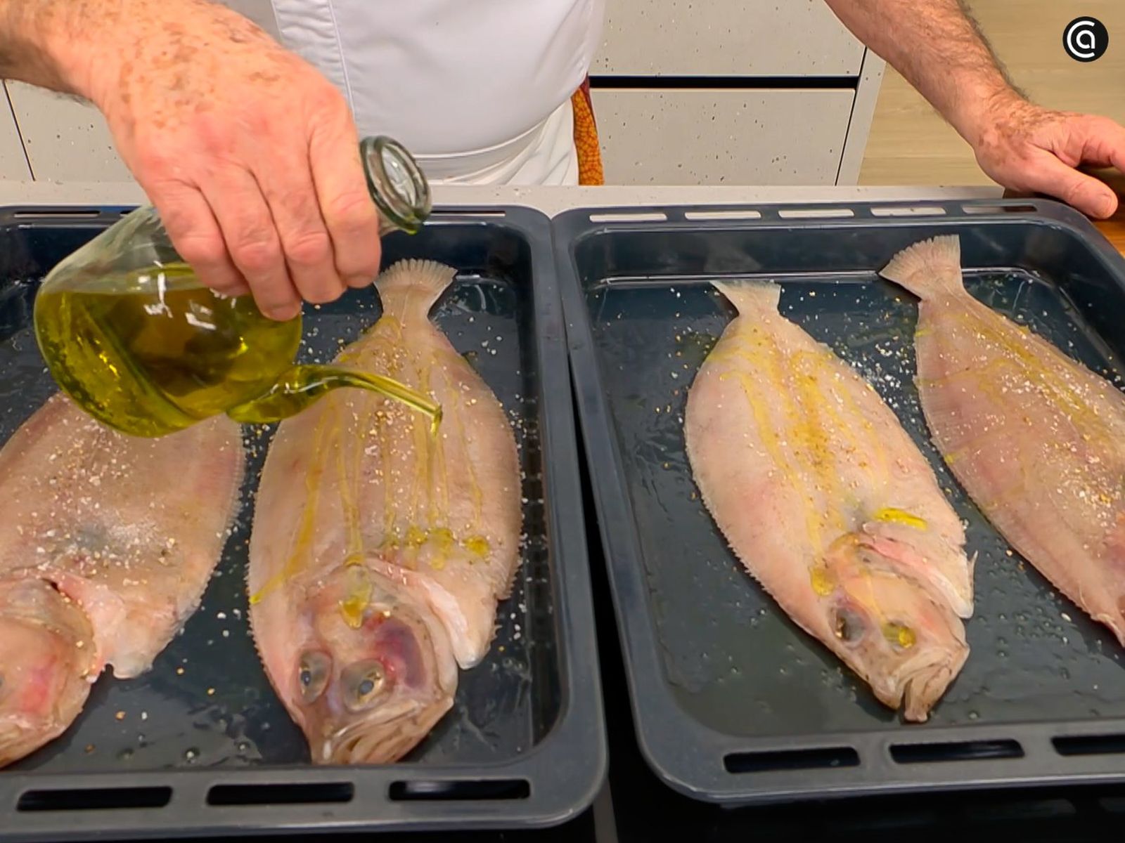 Rocía aceite sobre los filetes de gallo y hornéalos