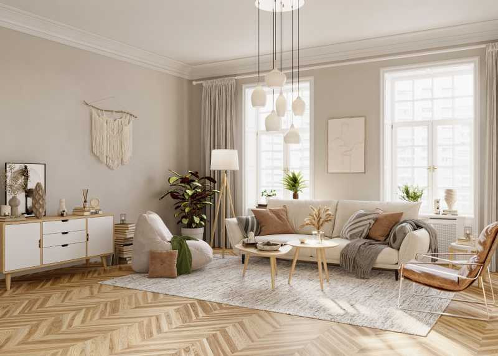 Salón acogedor y con estilo en tonos claros.