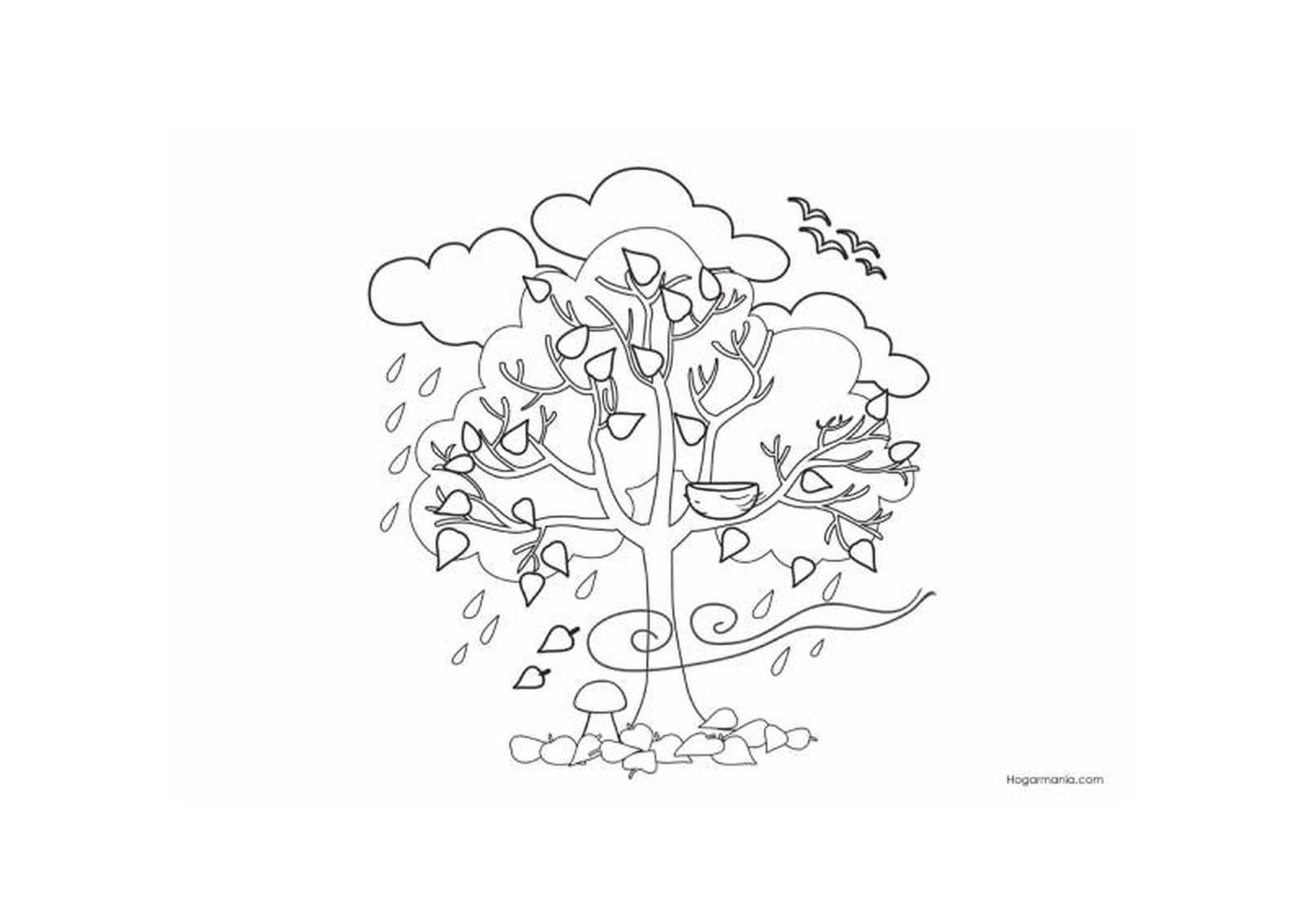 Dibujo para colorear de árbol con lluvia en otoño. Dibujo para colorear de árbol con lluvia en otoño.