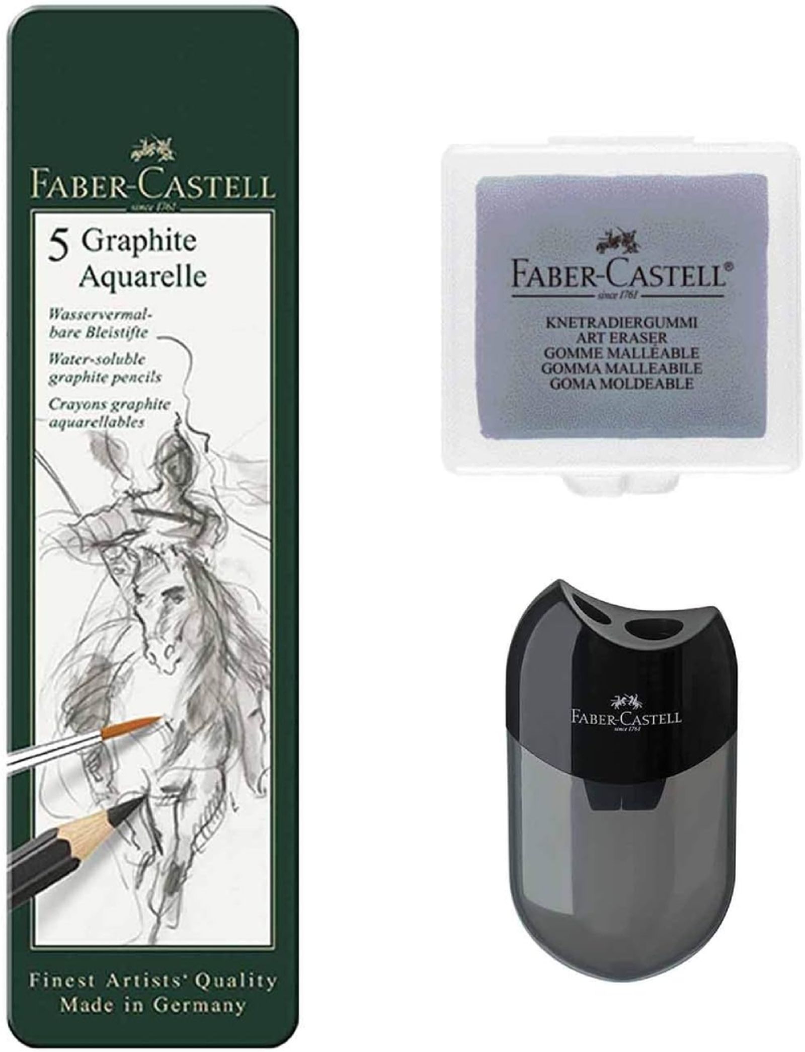 Pack de lápices de grafito acuarelables, goma de pan y sacapuntas de Faber-Castell. Pack de lápices de grafito acuarelables, goma de pan y sacapuntas de Faber-Castell.