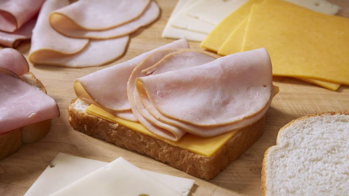 Lonchas de pavo sobre una rodaja de pan con queso