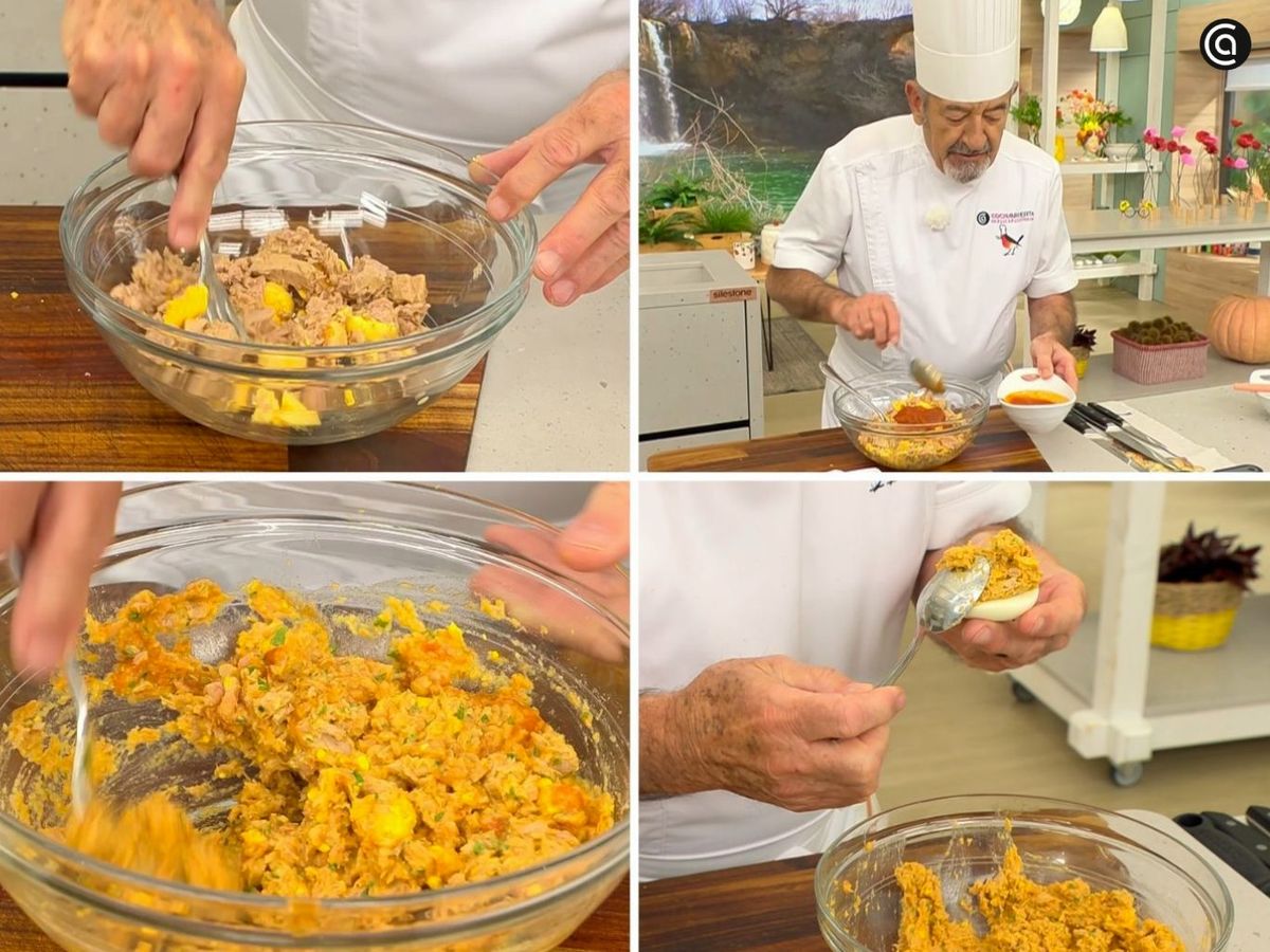 Mezcla las yemas, el atún y la salsa de tomate, luego rellena las claras