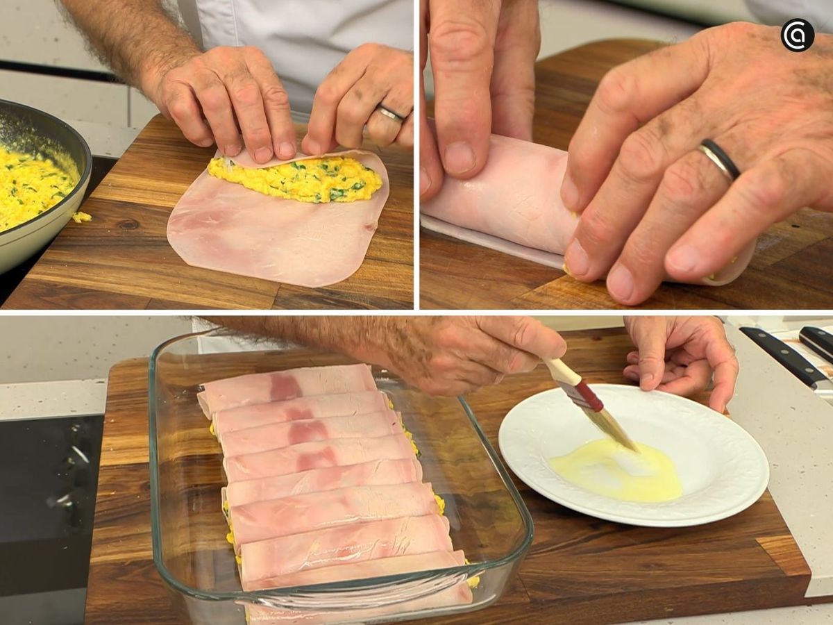 Forma los rollitos de jamón y gratínalos en el horno