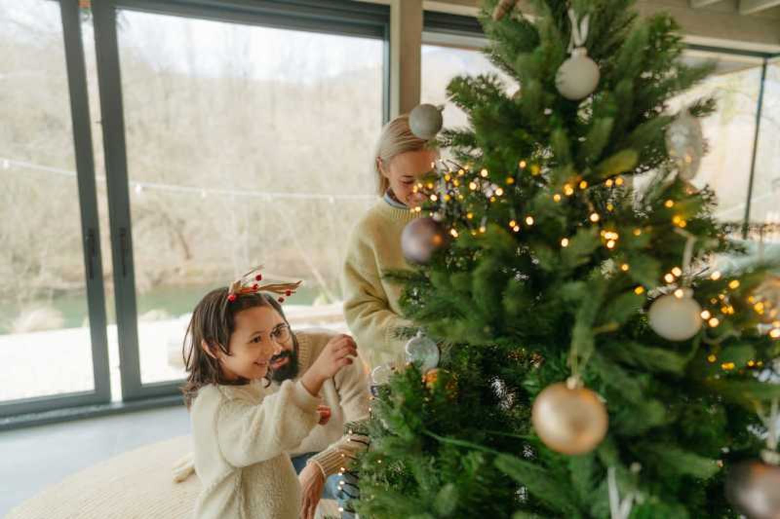 Decorar un árbol de Navidad verde en familia. Decorar un árbol de Navidad verde en familia.
