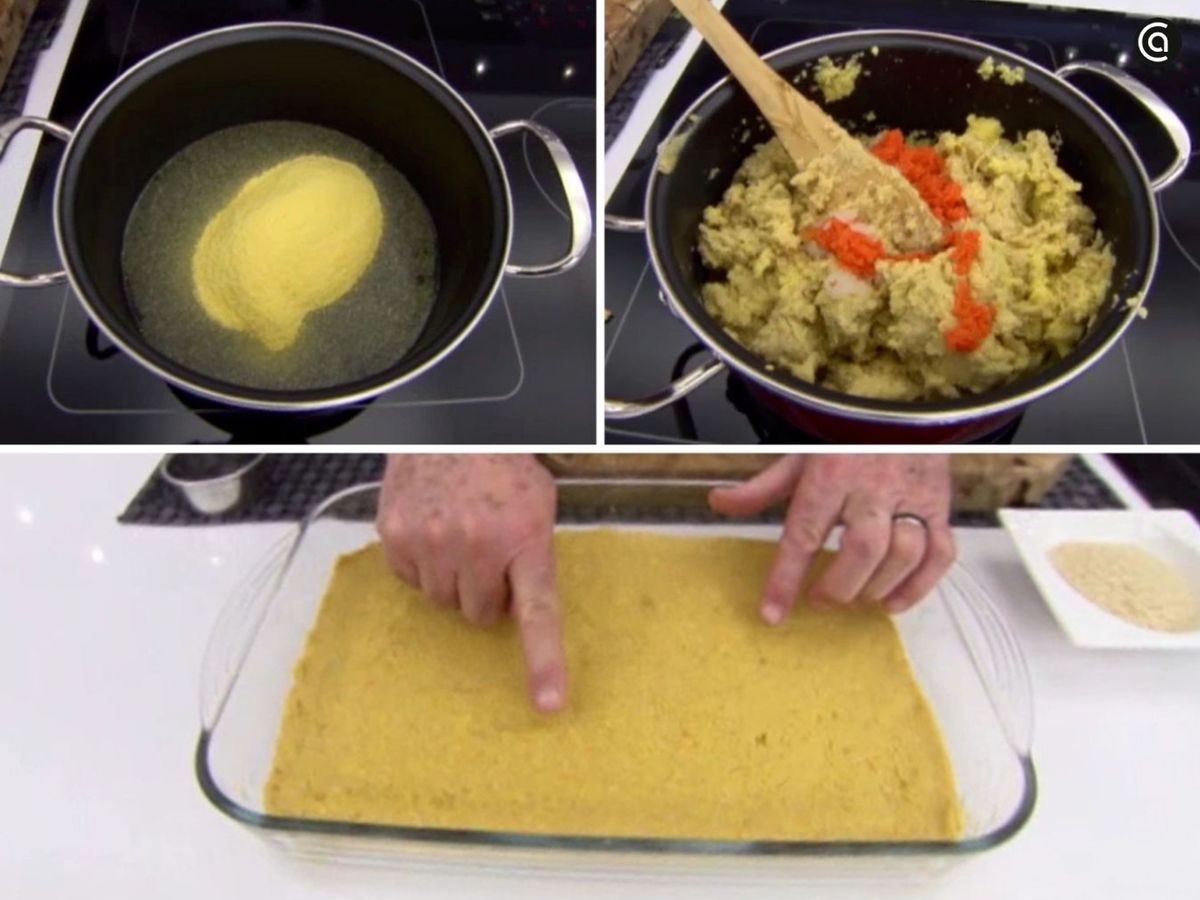Cocina la polenta y mézclala con los garbanzos, la cebolleta y la zanahoria