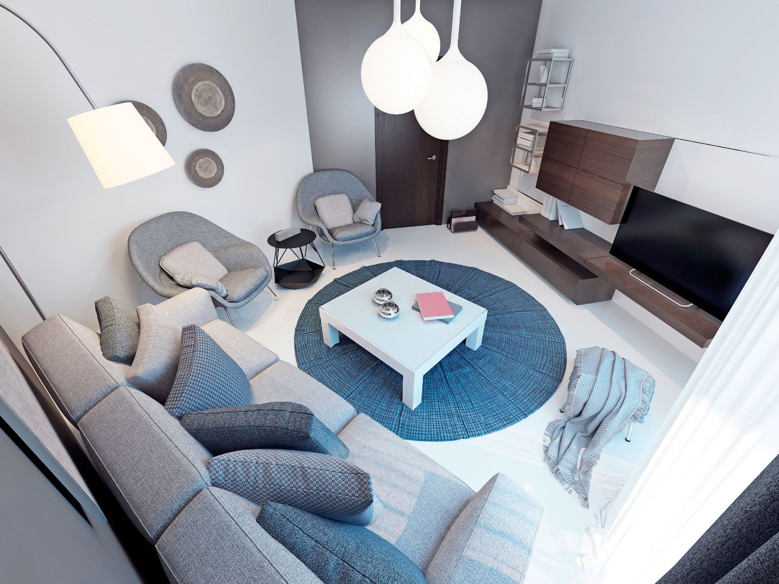 Decoración de salón en azul, gris y marrón 11