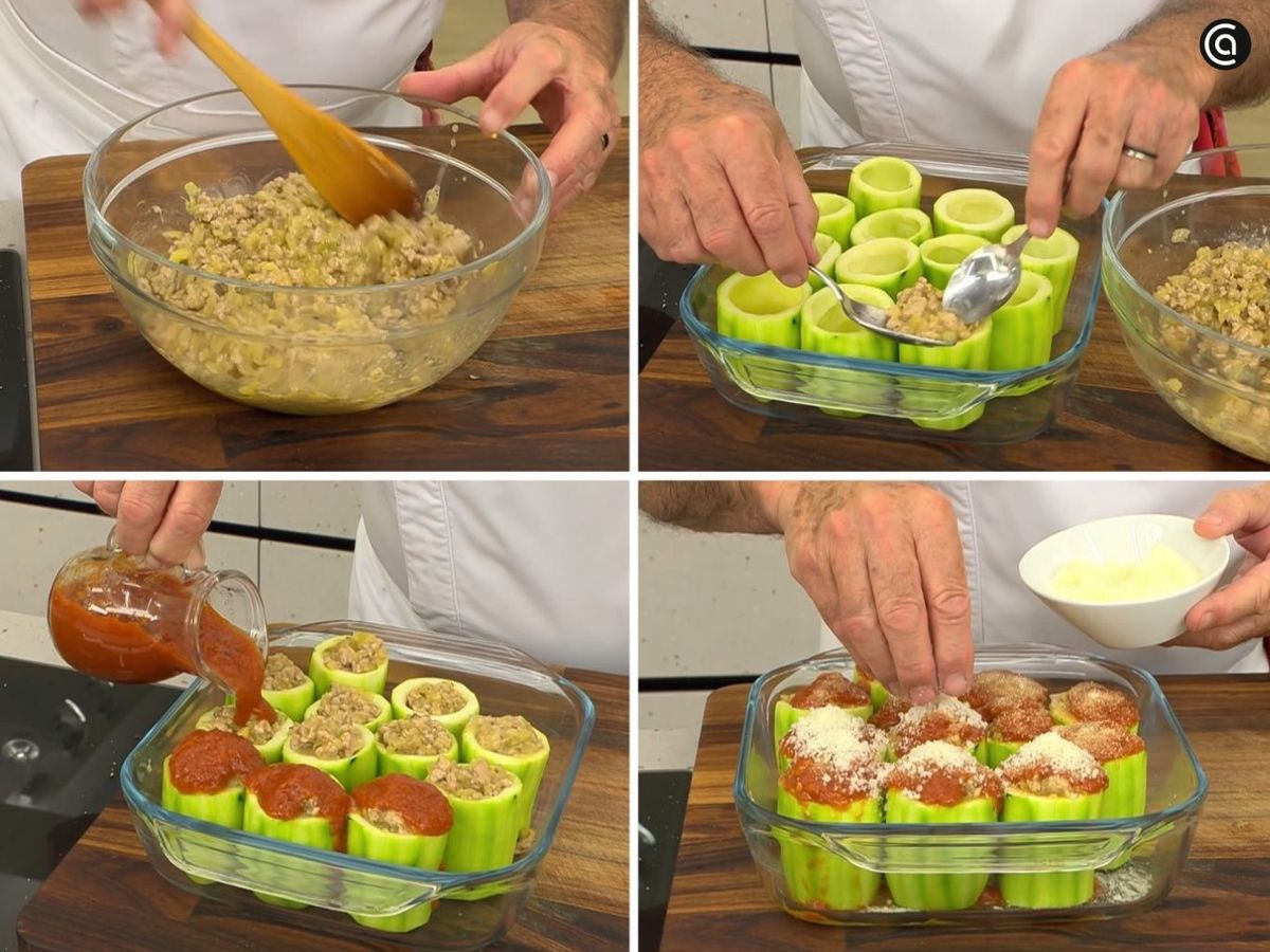 Rellena los calabacines, incorpora la salsa de tomate, el pan rallado y el queso, y hornea