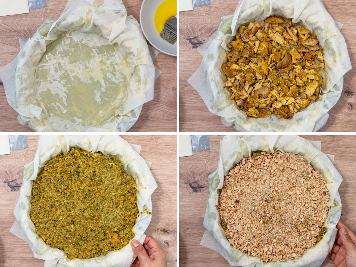 Pon el relleno en capas de pasta filo: primero la carne, luego el sofrito con el huevo batido y, por último, las almendras