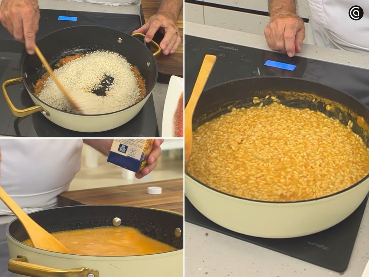 Rehoga la cebolleta y el tomate, añade el arroz y el caldo y cocina