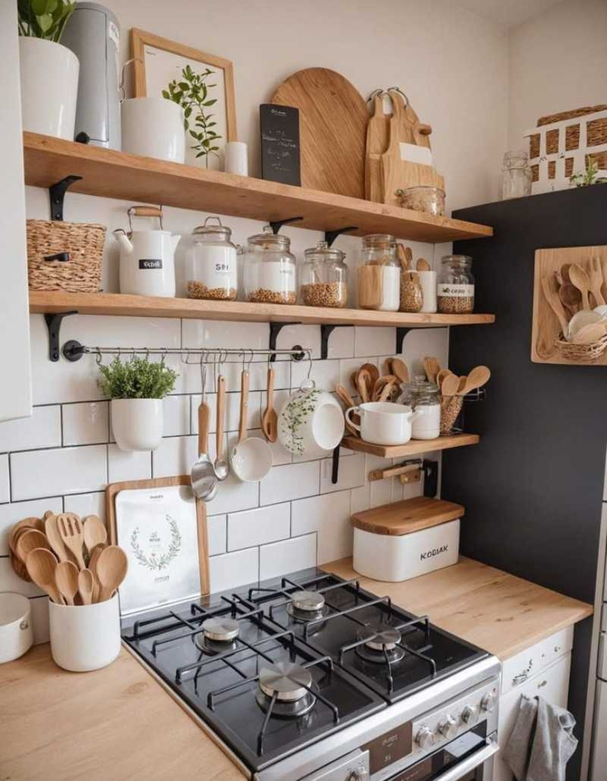 Mini cocina con almacenamiento vertical para colgar utensilios.