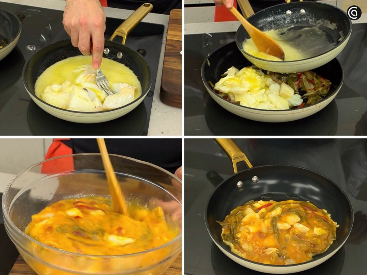 Mezcla el bacalao, el pilpil, la fritada y el tomate con los huevos para hacer la tortilla