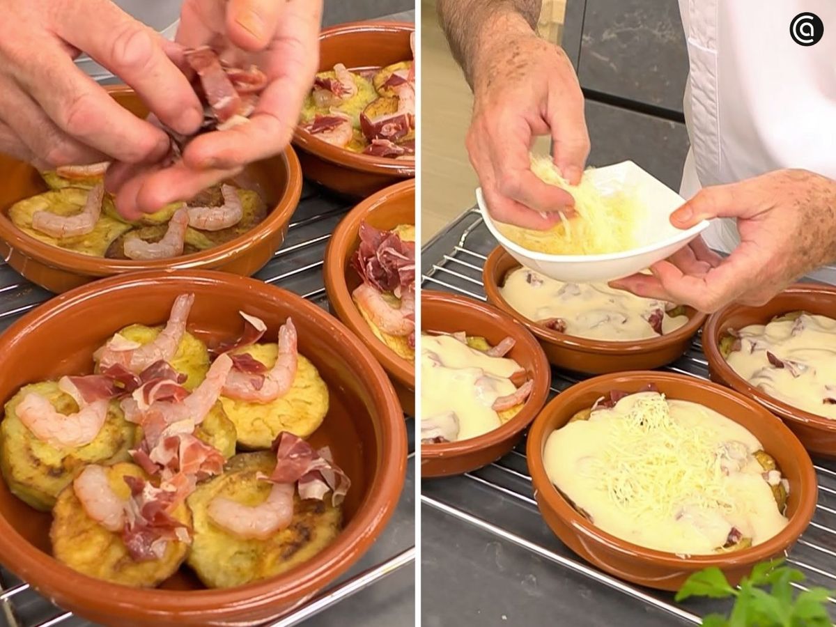 Monta las cazuelitas de berenjena, cúbrelas con bechamel y gratina