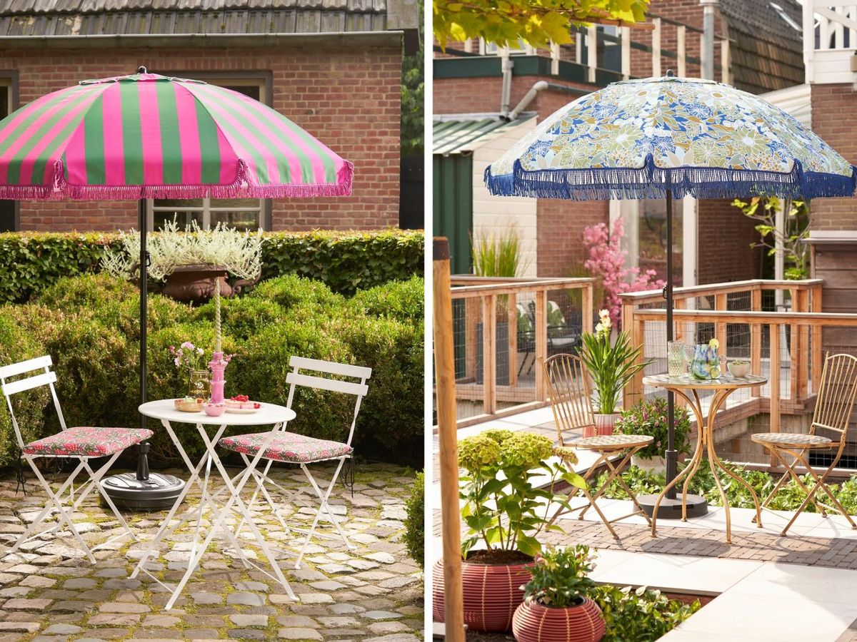 Combina las sombrillas con muebles de exterior de mimbre, ratán o hierro forjado / Fotos: Maisons du Monde