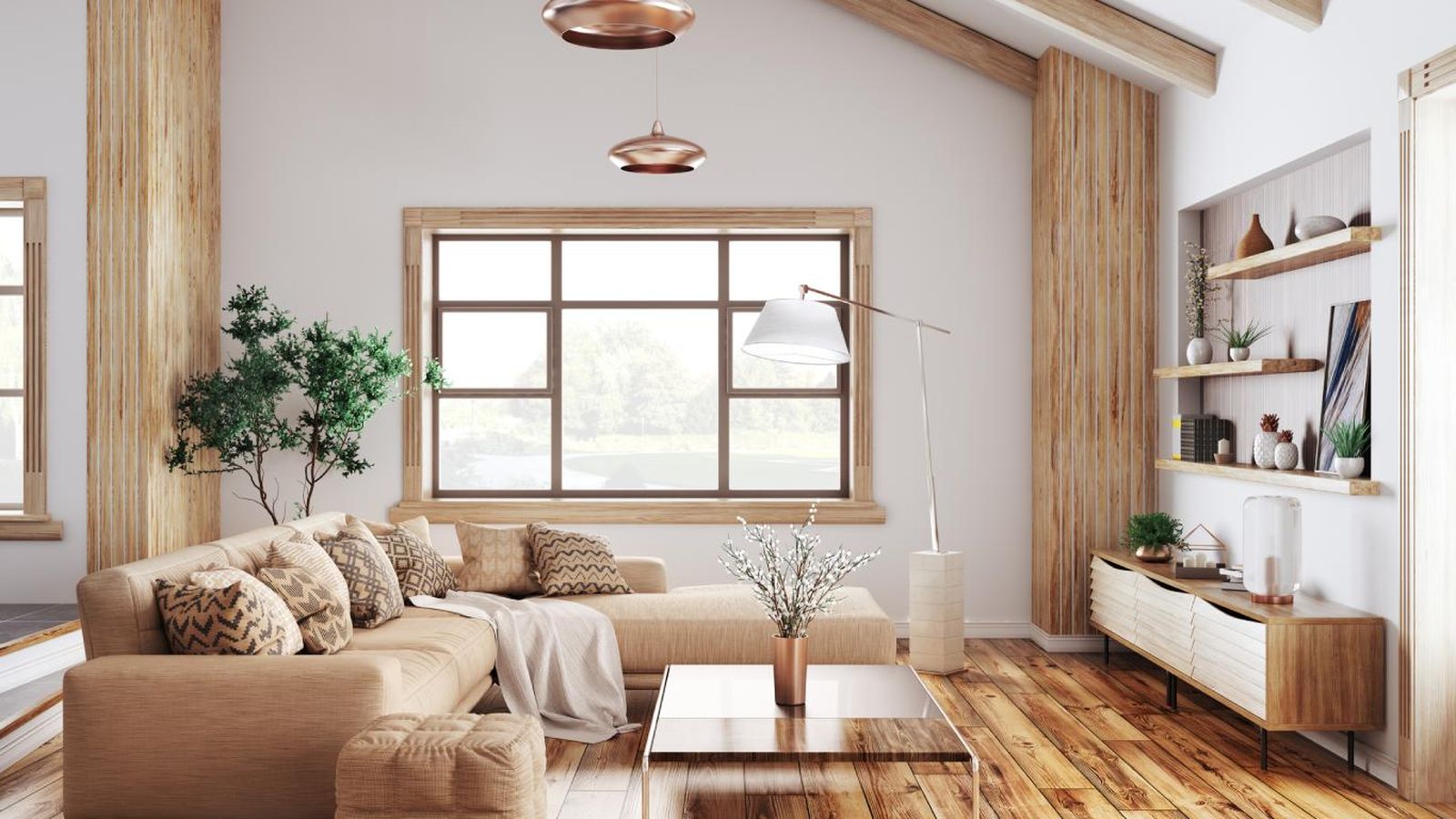 Salón elegante con decoración en madera, beige y blanco.