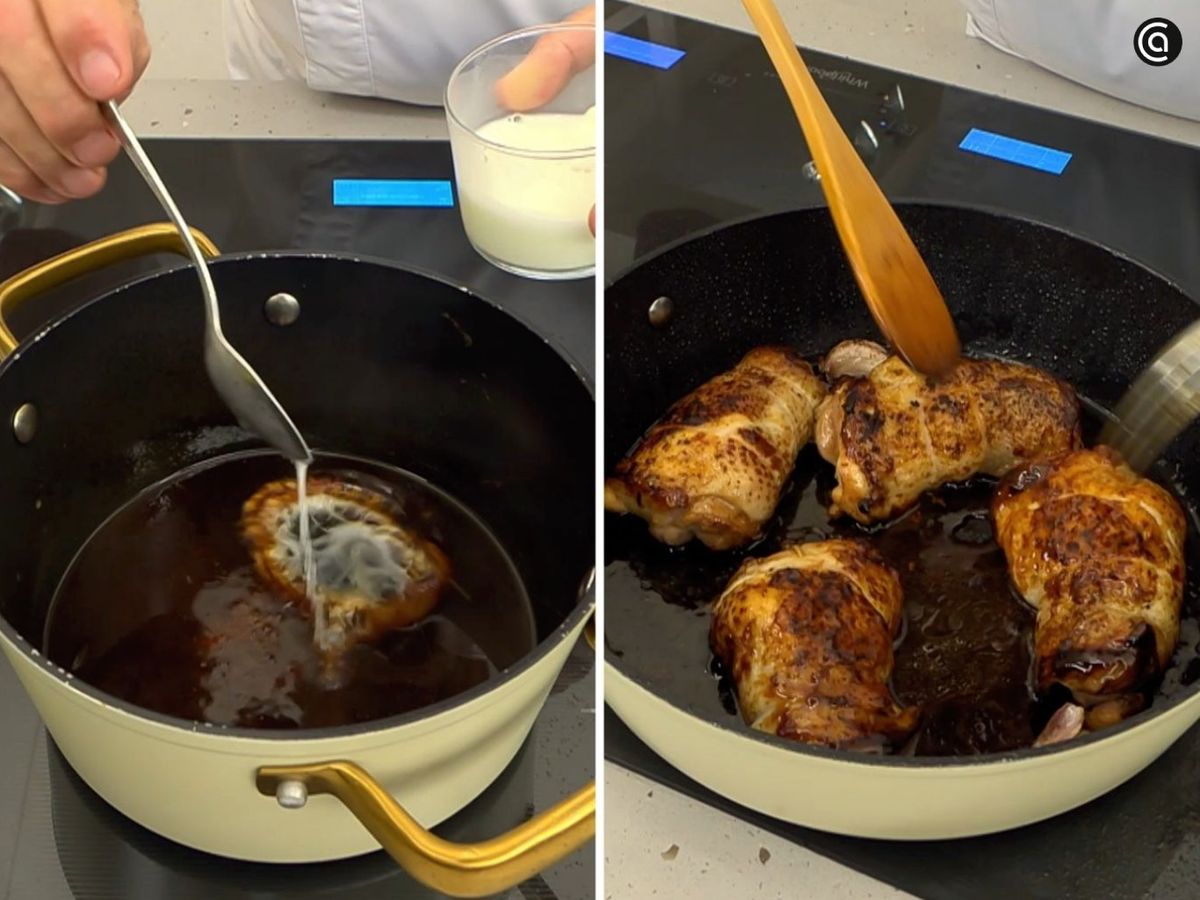 Cocina la salsa hasta que reduzca y mézclala con el pollo