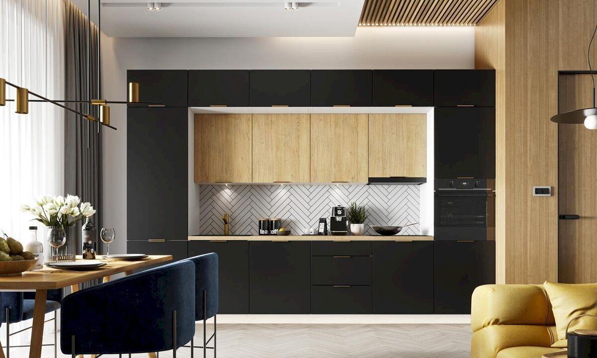 Cocina puente en colores oscuros