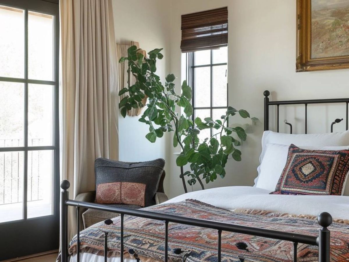 Una cama de forja negra se integra a la perfección en un dormitorio bohemio.