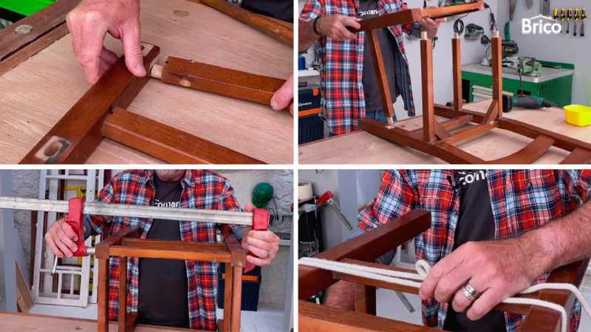 Aplica cola de carpintero y monta la silla de madera