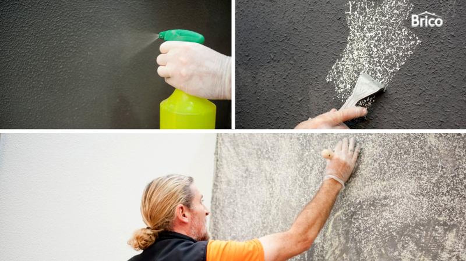 Pulverizar agua en la pared y quitar el gotelé con un rasqueta Pulverizar agua en la pared y quitar el gotelé con un rasqueta