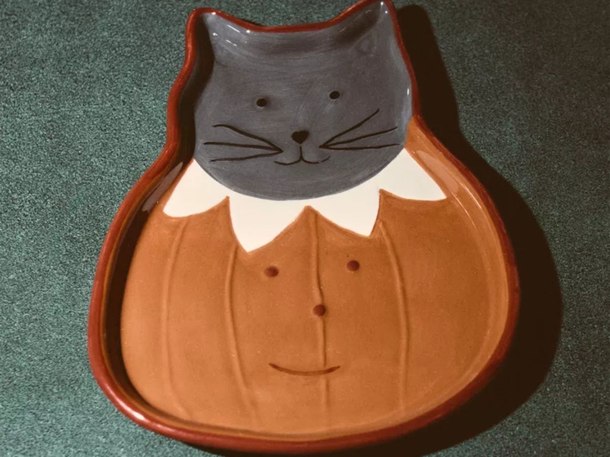 Plato infantil con diseño de gato y calabaza para la mesa de Halloween.